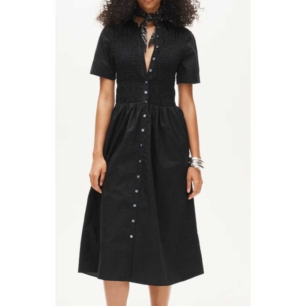 J.Crew Black Regenerative Cotton Smocked Short Sleeve Midi Dress Petite XS